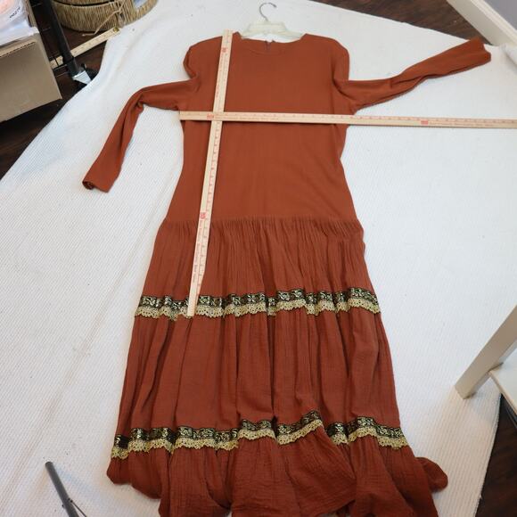 Vintage Barboglio Cristina Jan Boho Maxi Dress Rust Gold Trim Long Sleeve Sz 12 - Picture 3 of 4
